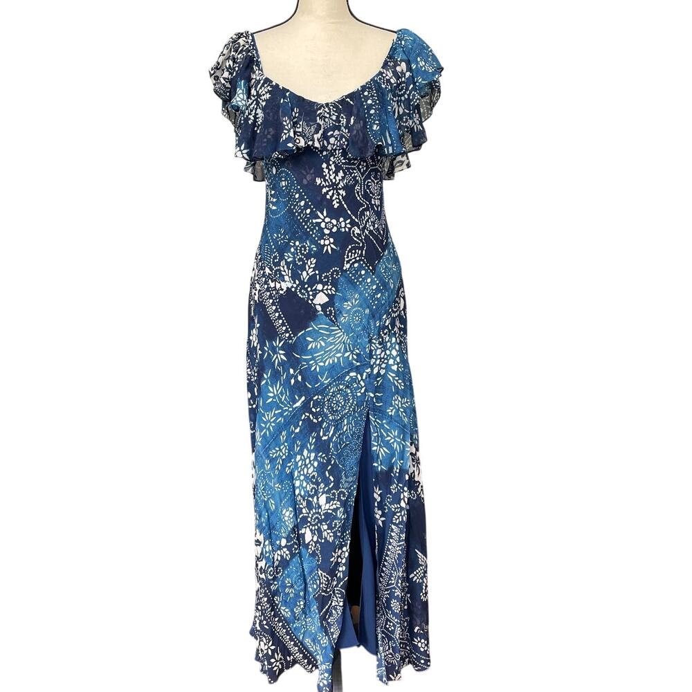 Polo Ralph Lauren Blue Maxi Ruffle Dress Size 2 Floral Print Special Occasion